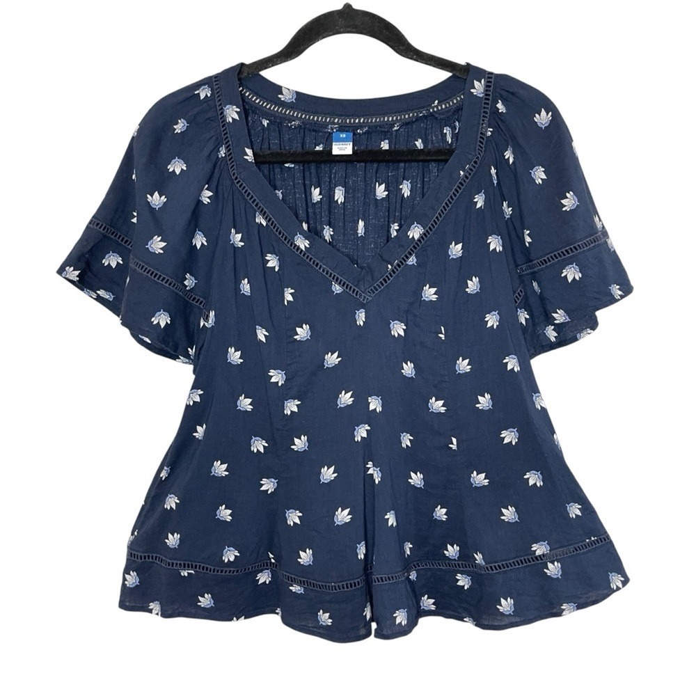 OLD NAVY Oversized Floral V-Neck Navy Blue Swing Top Crochet Trim, XS